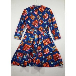Flower Power Psychedelic Disco Midi Day Dress Vintage 70s Blue Orange Sz 14